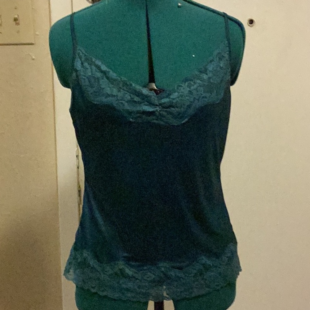 Womens Silky Cami Green, Small: spaghetti straps shelf bra. Vintage